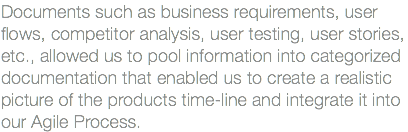 Documents such as business requirements, user flows, competitor analysis, user testing, user stories, etc., allowed us to pool information into categorized documentation that enabled us to create a realistic picture of the products time-line and integrate it into our Agile Process. 